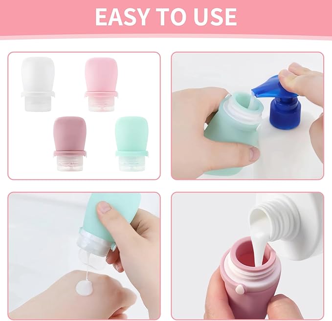 4 Pack 1oz Silicone Travel Bottles Leak Proof Squeeze Bottles For Toiletries Shampoo Conditioner Lotion Salad Dressing Travel Size Containers