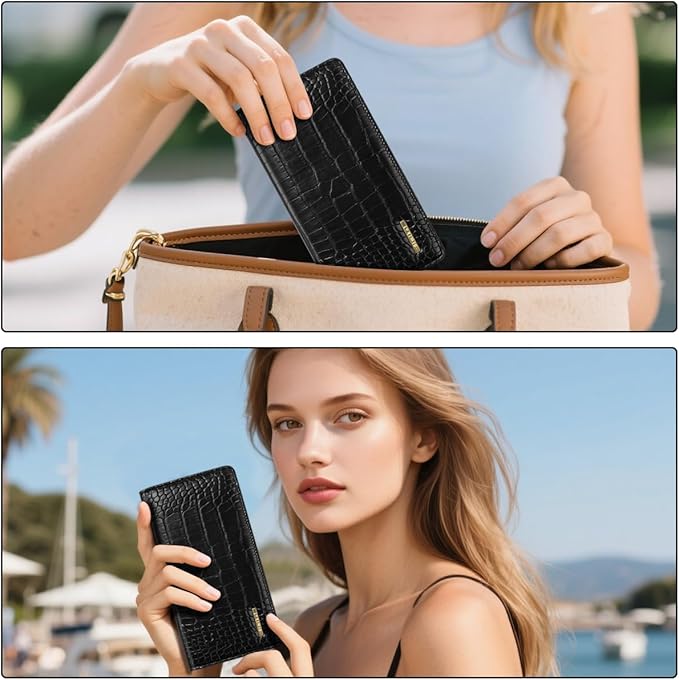 Wallet Women Bifold Faux Crocodile Leather Minimalist Slim Thin Long Wallets RFID Blocking Credit Cards Holder Purse with Back Zipper Coin Pocket for Women and Men,Black