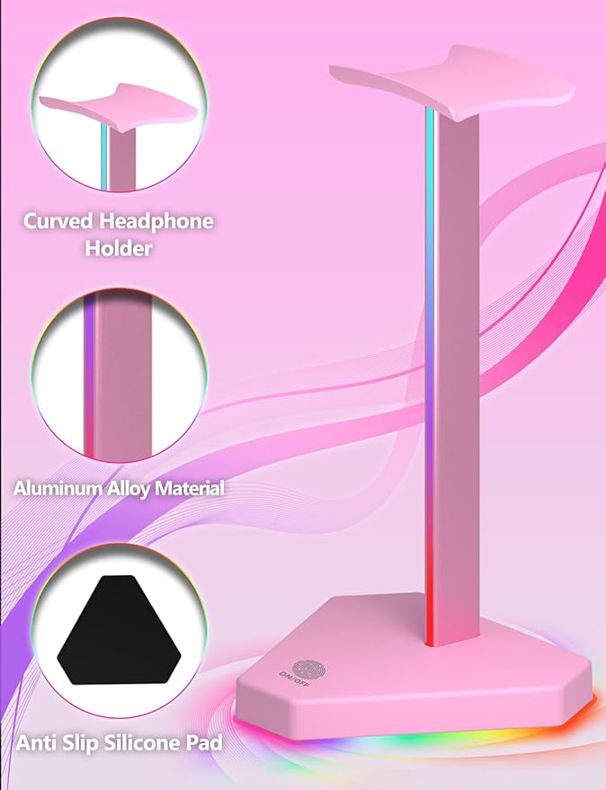 RGB Headphones Stand with 1 USB-C Data Transmission& 3 Type-C Charging Port, Desk Gaming Headset Holder with 7 Light Modes and Non-Slip Rubber Base (Pink)