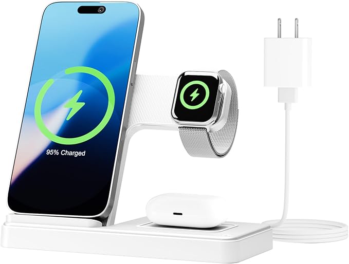 Wireless Charging Station for Apple Devices: 3 in 1 Foldable Qi Compact Case-Friendly Charger Stand for iPhone 17-12 & Apple Watch & AirPods Charging Dock for Travel Home Office Desk Nightstand(White)