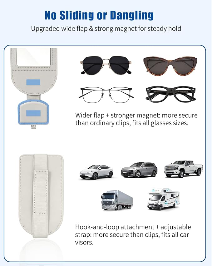 Car Visor Sunglasses Holder, 3 in 1 Glasses Clip with Photo Picture Display & Extra Storage Pocket, Anti-Slip Universal Sun Visor Organizer, 2026 Upgraded (1, Off-White)