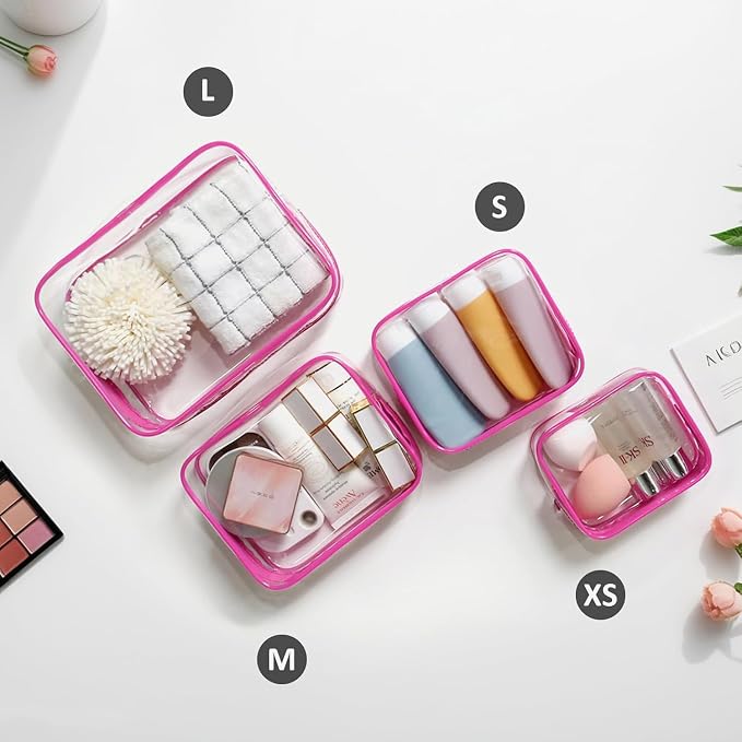 4 Pack Clear Toiletry Bags, Portable Travel Makeup Pouch with Zipper, TSA Approved Organizer, Clear Pouch Bags Compatible With Bogg Bag Divider Accessories (Clear Pink)