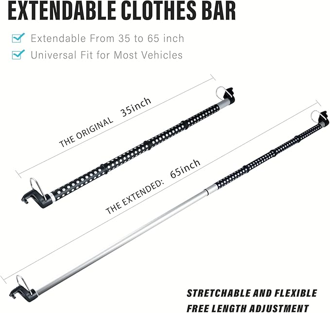 Car Clothes Hanger Bar with 4 Pack Car Seat Headrest Hook, Expanded to 65 inches, Clothes Rack for Car, Stainless Steel Heavy Duty Car Clothes Rod for Sedans, Trucks, SUVs, Vans, RVs, Road Travelers