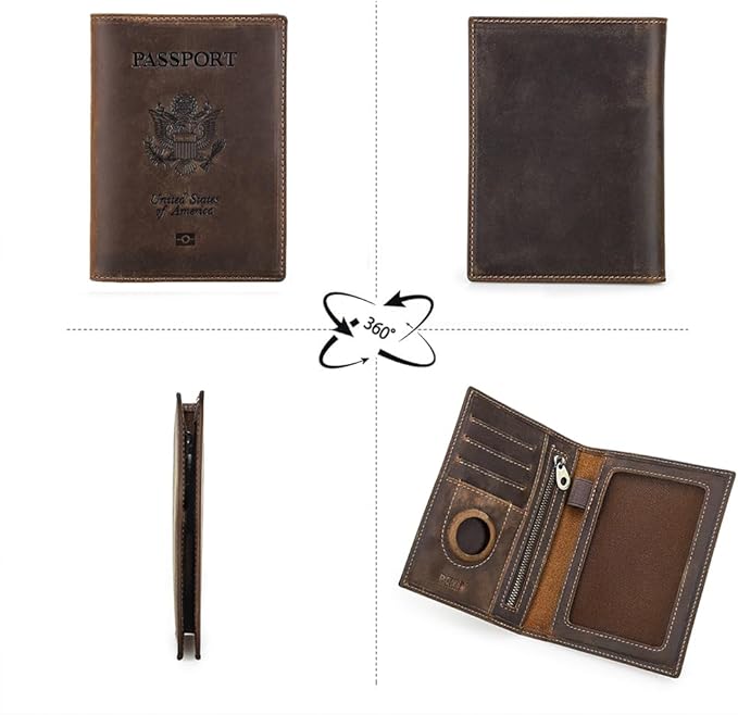 CONTACTS Full Grain Leather Passport Holder RFID Blocking Travel Passport Wallet Compatible with Airtag Passport Cover Case with 4 Card Slots, Coin Pocket with Badge