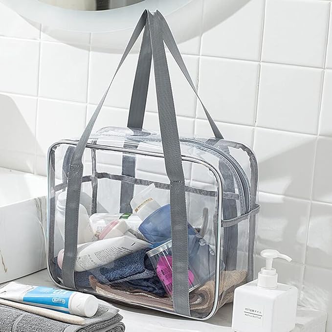 SxoSyo Clear Makeup Bags Large Travel Toiletry Bag for Women Transparent Bag Clear Cosmetic Bags with Handle Bathroom Organizer (Silver grey)