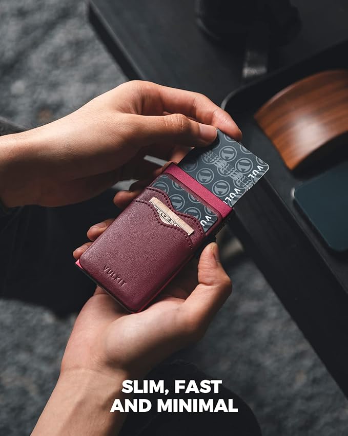 VULKIT Credit Card Holder Minimalist Slim Pop Up Wallet with Leather Slots RFID Blocking for Men and Women Holds 7 Cards and Notes Wine