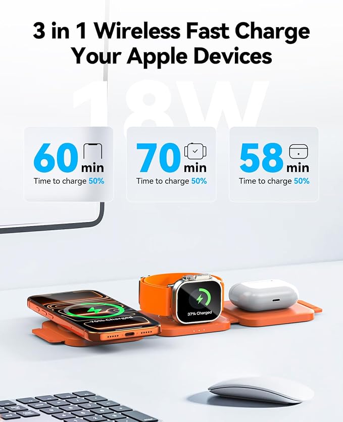 3 in 1 Charging Station for Apple Multiple Devices, Foldable Magnetic Fast Wireless Charger Dock, Travel Charging Pad for iPhone 17 16 15 14 13 12 Pro Max Plus Apple Watch Series & AirPods Orange
