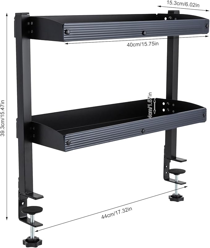 Clamp-on Desk Extension Shelf, 2 Tier Shelving Unit Above Desk, Carbon Steel 22lbs Strong Capacity Desk Organizer, Desktop Organizer Display Rack Storage Tray Desk Shelf, 17.32*15.47*6.in (black)