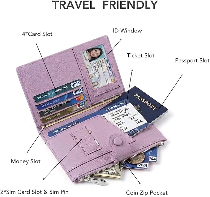Genuine Leather RFID Blocking Passport Wallet for Women, International Travel Organizer with Card Slots, ID Window, Zipper Coin Pocket and SIM Slots,Purple