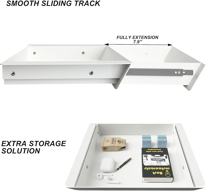 White Under Desk Drawer with Removable Tray, 15.4" Wide 2-in-1 Organizer – 60° Ergonomic Tilt, 4-Compartment Insert for Pens, Phones & Cables, Ball Bearing Slides, for Home Office & Student Desk