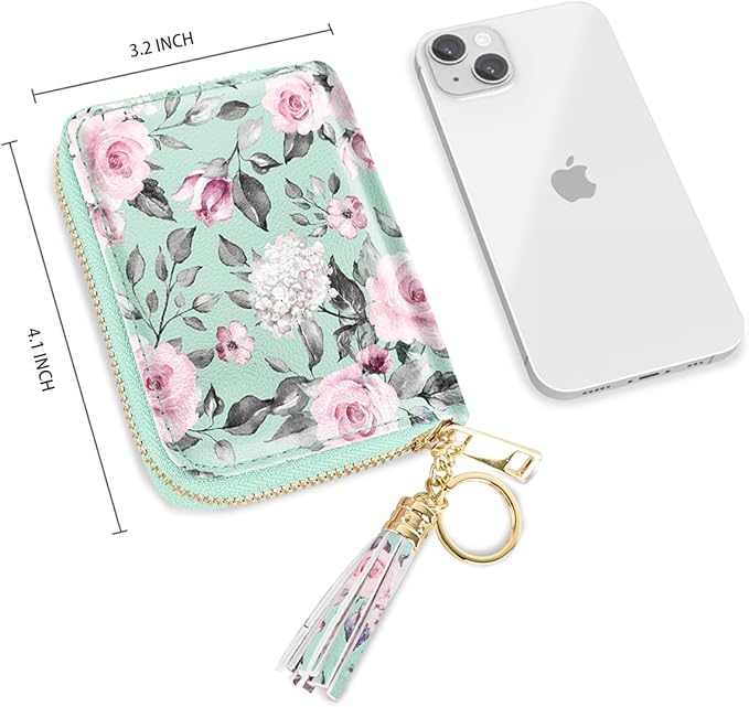 Coco Rossi Leather Credit Card Wallet for Women, RFID Blocking Zipper Cards Holder with Tassels, Green Flowers