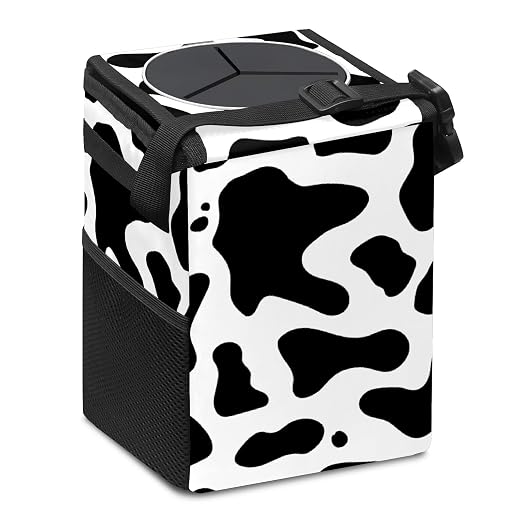 Western Black White Cow Print Car Trash Can with Lid Collapsible Reusable Waterproof Car Garage Bag,Automotive Garbage Can,Car Accessories Interior Car Organizer