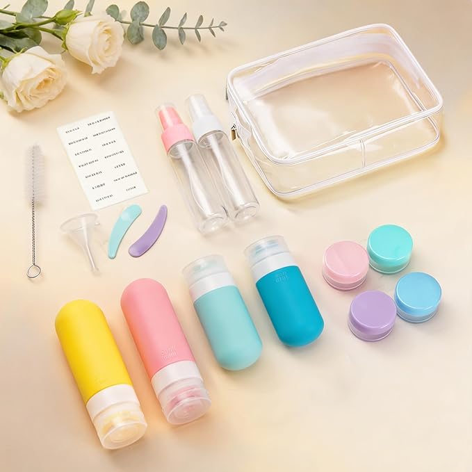 17 Pack Travel Bottles for Toiletries, TSA Approved Leak Proof Silicone Travel Containers for Toiletries with Label-Dopamine Color