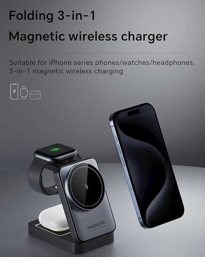 2026 Upgraded 3-in-1 Wireless Charger for iPhone,Travel Magnetic Charger Stand Nightlight Foldable Wireless Charging Station Compatible with Magsafe Charger&iPhone 17/16/15/14/13,Apple Watch&AirPods