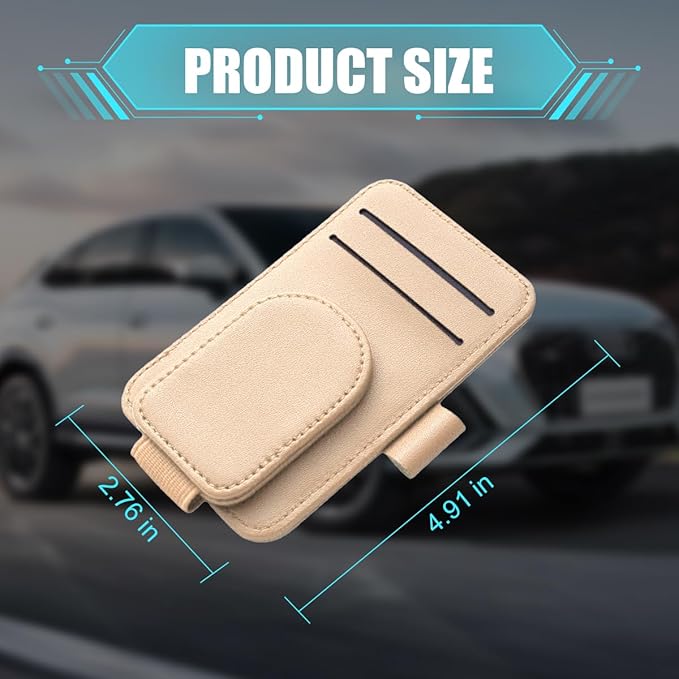 Car Sun Visor Organizer, Magnetic Leather Auto Sunglass Card Pocket Holder for Registration & Drving License, Vehicle Interior Glasses Clip Accessories, Universal for SUV Sedan Truck (Apricot)