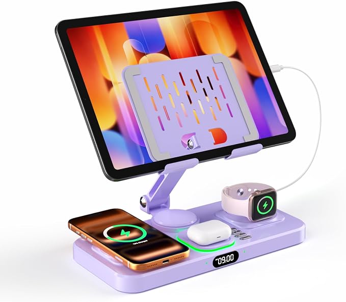 Magnetic Charging Station for Apple Multiple Devices, Wireless Charger with Clock & Light, Foldable Wired Charging Stand for iPad/Tab, Mag-Safe Charger for iPhone 17, for Apple Watch for AirPods