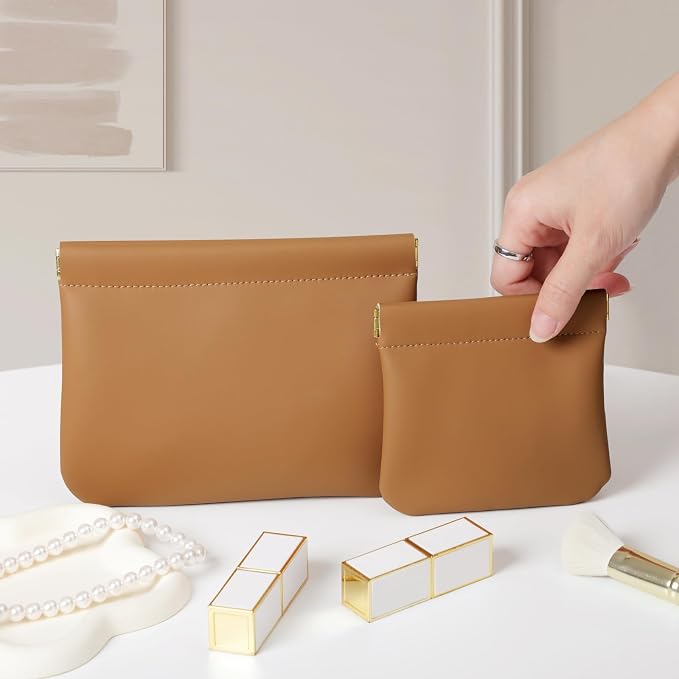 2 Pack Small Makeup Bag for Women, New Organosilicon Super Fiber PU Leather Mini Cosmetic Bag for Travel, Coin Purse Organizer Storage Pouch (Brown)