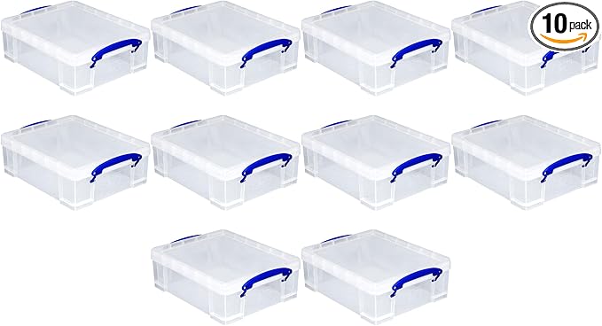 Really Useful Box Stackable 8.1L Plastic Storage Container Bin with Snap Lid & Built-in Clip Lock Handles for Home & Office Organization (10 Pack)