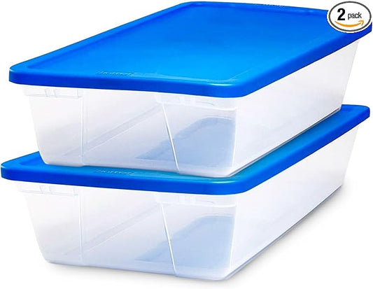 HOMZ 2-Pack Snaplock, Large Clear Plastic Storage Organizer Bins w/Lids, 41 Quart, Blue - Stackable Container Boxes for Bedroom, Bathroom, Garage, and Office Organization