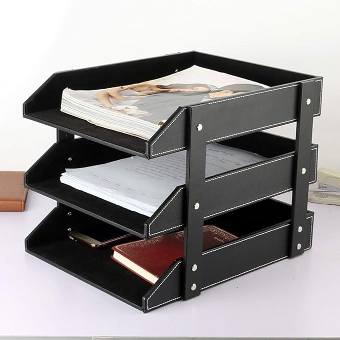 Leather Desk File Organizer, 3-Layer Stackable Tray, Used to Store documents, folders, Stationery, Magazines, Newspapers, Letters, and Other Home Office Sundries Desktop Organization Holder(Black)…