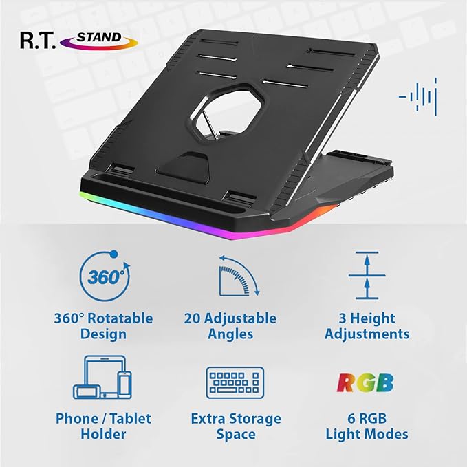 Enermax Gaming Laptop Stand, 360° Notebook Stand Height-Adjustable with RGB Lighting, Riser for Laptops from 10 to 17.3 Inches, Tablet Holder with Ventilation for Desk, Black (ELS001)