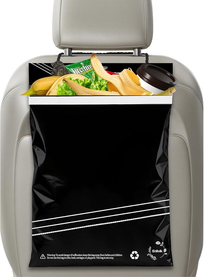 Disposable Car Trash Bag - Large Capacity - Car Garbage Bag Hanging from Headrest - Easy to Stick-On, Leakproof, Smellproof Car Trash Can - Ideal for Travel, Camping, and Home Use (All Black, 50)