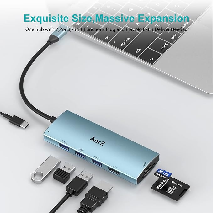 USB C Hub, USB Hub to HDMI Multiport AorZ USB c Dongle Adapter 7 in 1 with 4K HDMI Output, 3 USB 3.0 Ports,SD/Micro SD Card Reader, 100W PD,Compatible with Macbook,XPS and More Type Device(Light Blue)