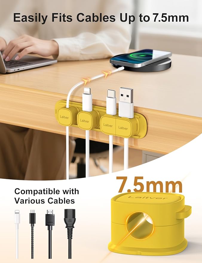 6 Pack Magnetic Cable Clips [1s Open/Lock], Laitver Cord Organizer Holder Strong Adhesive Desk Cable Management- Organize Charging Cords Neatly for Home, Office, Car,Desk, Nightstand-Yellow