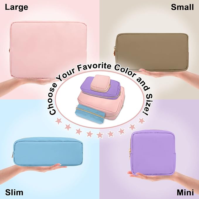 Izuzta Nylon Small Makeup Bag Slim Pouch, Preppy Cute Brush Case, Cosmetic Zipper for Purse, Waterproof Travel Toiletry Clutch Coin Organizer for Women Girls (Blue)