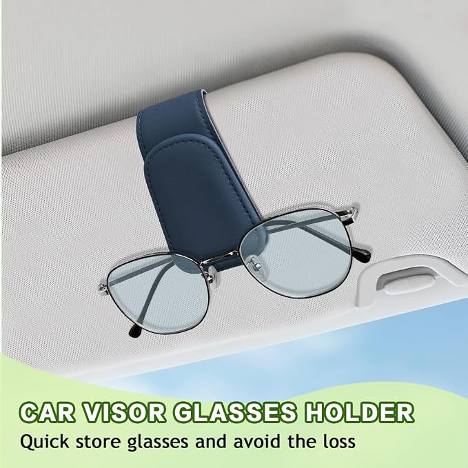 Sunglass Holder for Car, Sunglasses Clip for Car Visor, Magnetic Leather Vehicle Eyeglass Hanger Clip, Auto Ticket Card Glasses Organizer Clamp Accessories for SUV Sedan (Blue)