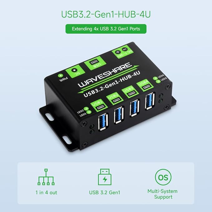 Waveshare 4-Ch USB 3.2 Gen1 HUB, Compatible with Windows, macOS, Linux and Android, Metal Case with Wall-Mount Support, Driver-Free, Plug-and-Play