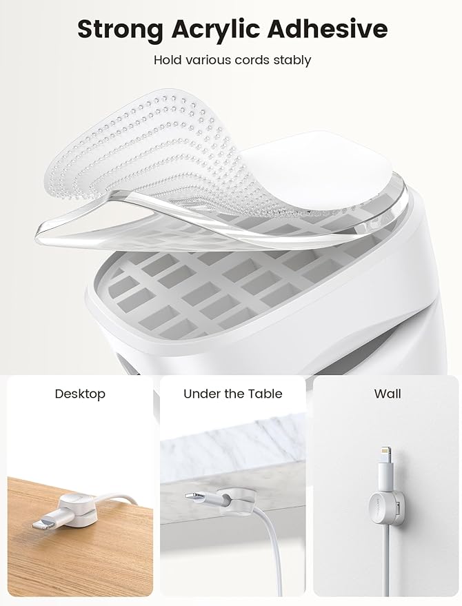 8Pack Cord Organizer [1s Lock] Spring Cable Management Clips - Lamicall Desk Organizer Cord Holder, Adhesive Cable Clips, Phone Charger Wire Keeper for Nightstand Car Office Desk Accessories, White