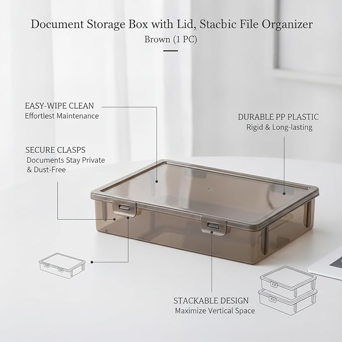 Stackable Document Storage Box with Lid, Rigid PP Plastic File Organizer for Letter & A4 Papers, Brown