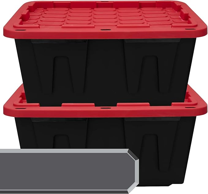 (Pack of 4) 27-Gallon Heavy Duty Plastic Storage Container Bin with Secure Snap Lid, Black and Red, Large Capacity Tote for Organization