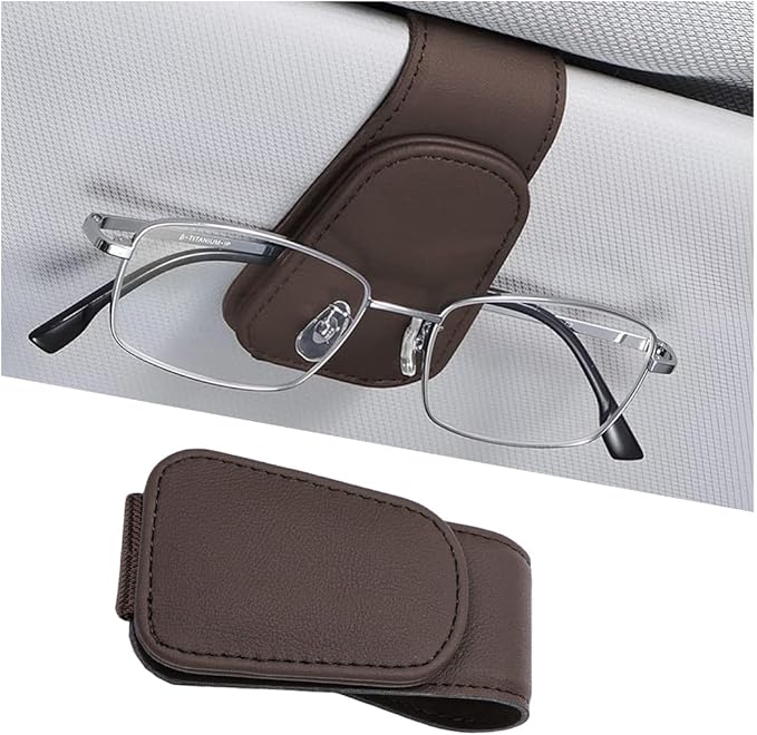 Sunglasses Holder for Car Visor, Microfiber Leather Magnetic Sun Visor Eyeglasses Hanger & Ticket Card Clip, Multi-Function Automotive Interior Glasses Mount, Universal Fit (Brown)