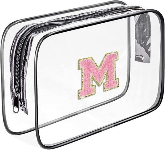 Clear Toiletry Bag,Portable Travel Toiletry Bag,Chenille Letter Cosmetic Bag with Zipper,Waterproof Makeup Bag,Cosmetic Storage Organizer for Women Men,Travel Essentials (Black,M)