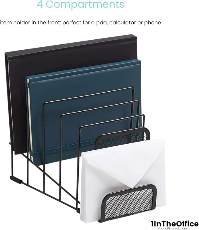 1InTheOffice Metal Incline Desktop File Sorter, Black Wire Mesh Step Sorter, 6 Compartments