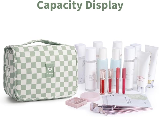 Narwey Small Hanging Travel Toiletry Bag for Traveling Women, Checkered Travel Bag for Toiletries, Makeup Bag Organizer Make Up Cosmetic Bags, Gifts for Kids Teen Girls (Mint Green Checkerboard)