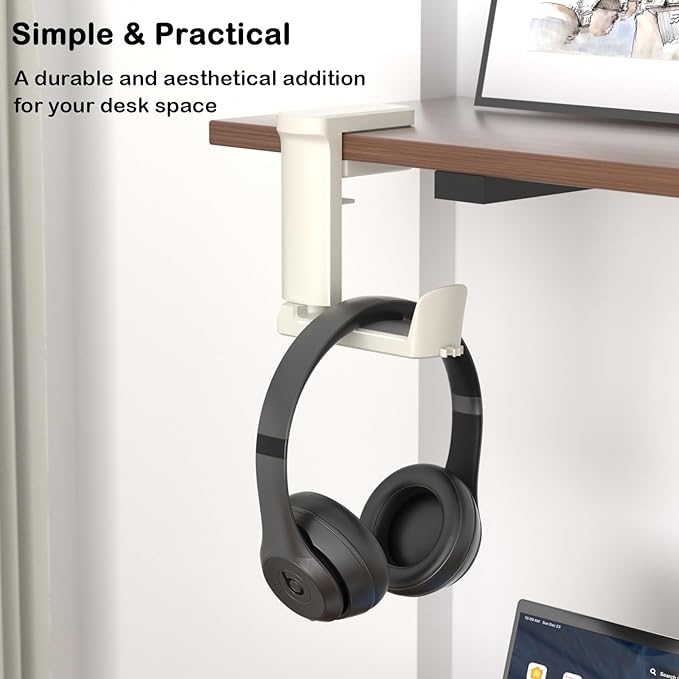 Headphone Hook - Adjustable Clamp-on Headphone Holder, Under Desk Gaming Headset Holder Mount Hook with Rotating Clamp (White)
