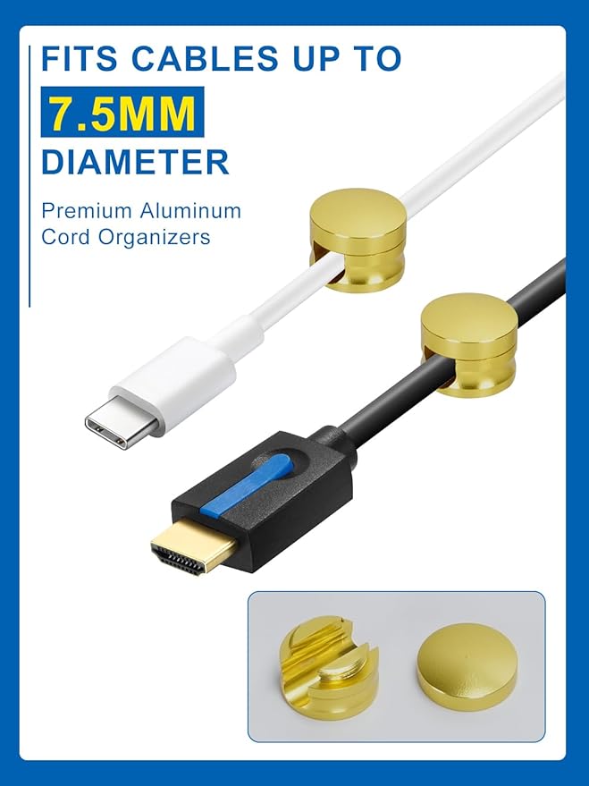 3 Pack Upgraded Cord Management Clips with Extra-Large Adhesive Base, Stronger Hold Phone Charger Holder for Nightstand, Premium Aluminum Gold Sticky USB Wire Organizer Cable Clips for Desk