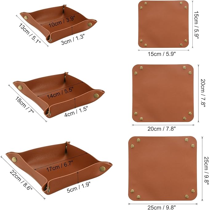 uxcell 3 Pack PU Leather Tray, Jewelry Tray for Women and Men, Glossy Leather Desk Organizer Portable Catchall Tray for Jewelry Key Coin Watch Wallet, Brown