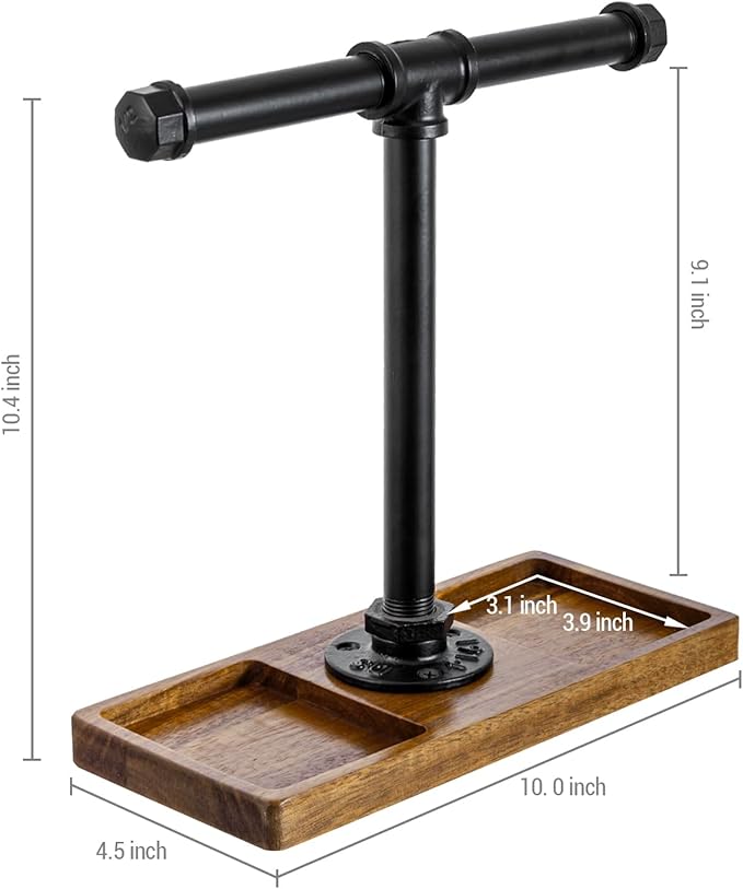 MyGift Premium Acacia Solid Wood and Industrial Black Metal Pipe T-Bar Over Ear Headphones Holder, Tabletop Dual Headphone Display Stand with Accessories Tray