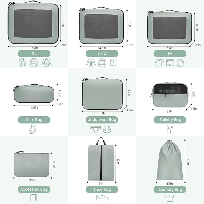 Mesh Packing Cubes for Travel, Durable Luggage Organizer with Sturdy Material and Double Zippers, Comprehensive Set for Travel Accessories Storage, 10 set, green
