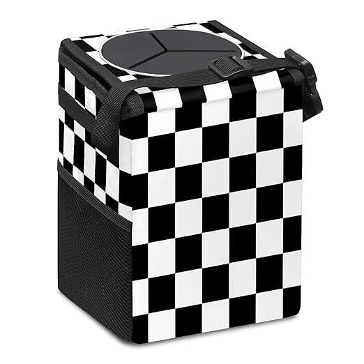 Car Trash Can Black and White Checkered Auto Garbage Bag Car Trash Can with Lid Leak-Proof Car Storage Bag Auto Garbage Bag Hanging for Headrest Collapsible and Portable with Storage Mesh Pocket