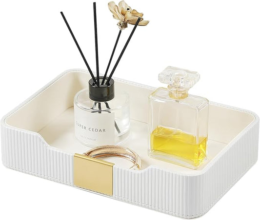 Valet Tray Desktop Storage Organizer, PU Leather Catchall Bedside Vanity Tray with Brass Accents Block Nightstand Organizer for Keys Watch Wallet Phone, Decorative Nightstand Storage (White)