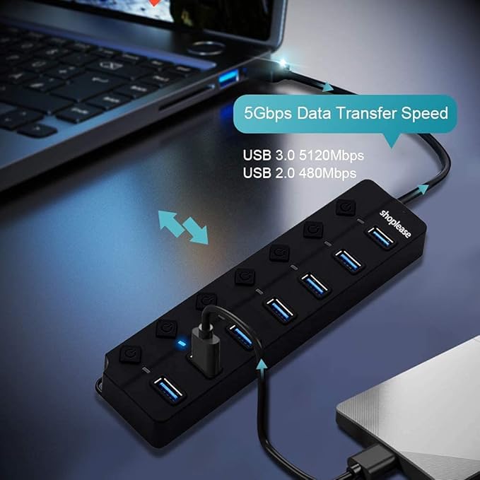 7-Port USB 3.0 Hub with Individual Power Switches and LED Lights, High-Speed Data Hub Splitter Portable USB Extension Hub for PC Laptop and More (No Power Adapter)