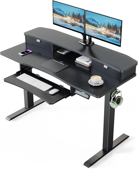 HUANUO 48" x 26" Electric Standing Desk with 2 Drawers & 26.7" Large Keyboard Tray, C-Clamp Mount Compatible, Adjustable Computer Desk for Home Office, Stand Up Desk with 4 Height Presets, Black