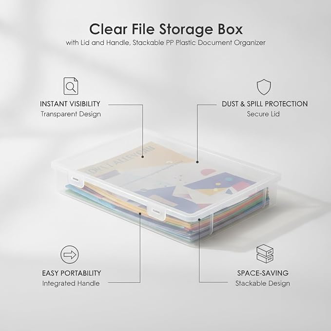 Low-Profile Rectangular File Box with Handle, Transparent PP Plastic Document Organizer for Desktop Storage