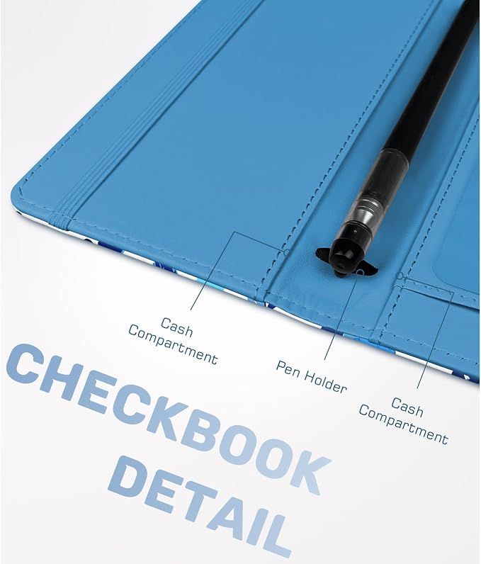 Letter Checkbook Cover, RFID Blocking Checkbook, Stylish, Lightweight, Slim Durable, Multi-Functional Checkbook Holder for Personal and Business Checks (Flower-Blue)