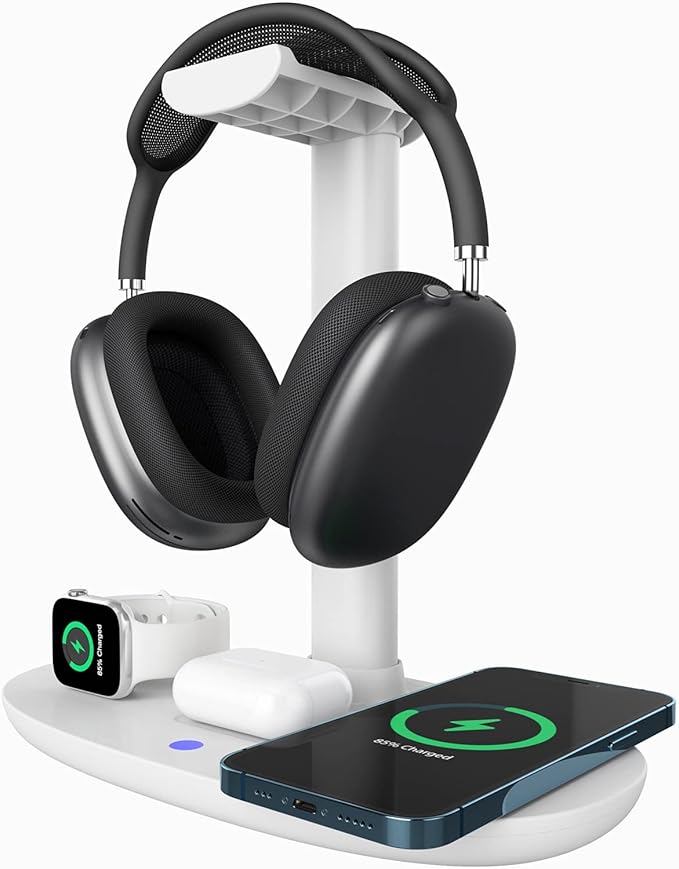 Headphone Stand with 15w Wireless Charger, Suguder 4 in 1 Charging Station Headset Holder for AirPods Max/Pro/4/3/2 iWatch 10/9/8/7/6/5/4/3/2/1/SE iPhone 17/16/15/14/13/12/11/X for Desktop Table Game